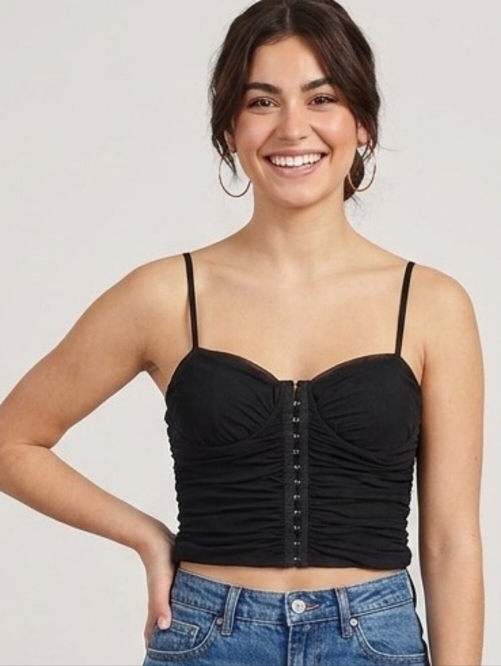 Moa Moa Black Ruched Hook-Front Crop Top with Slim Straps